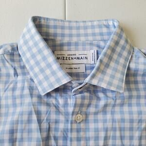 Mizzen+Main Leeward Shirt Mens XL Blue White Gingham Trim Fit Stretch Made USA